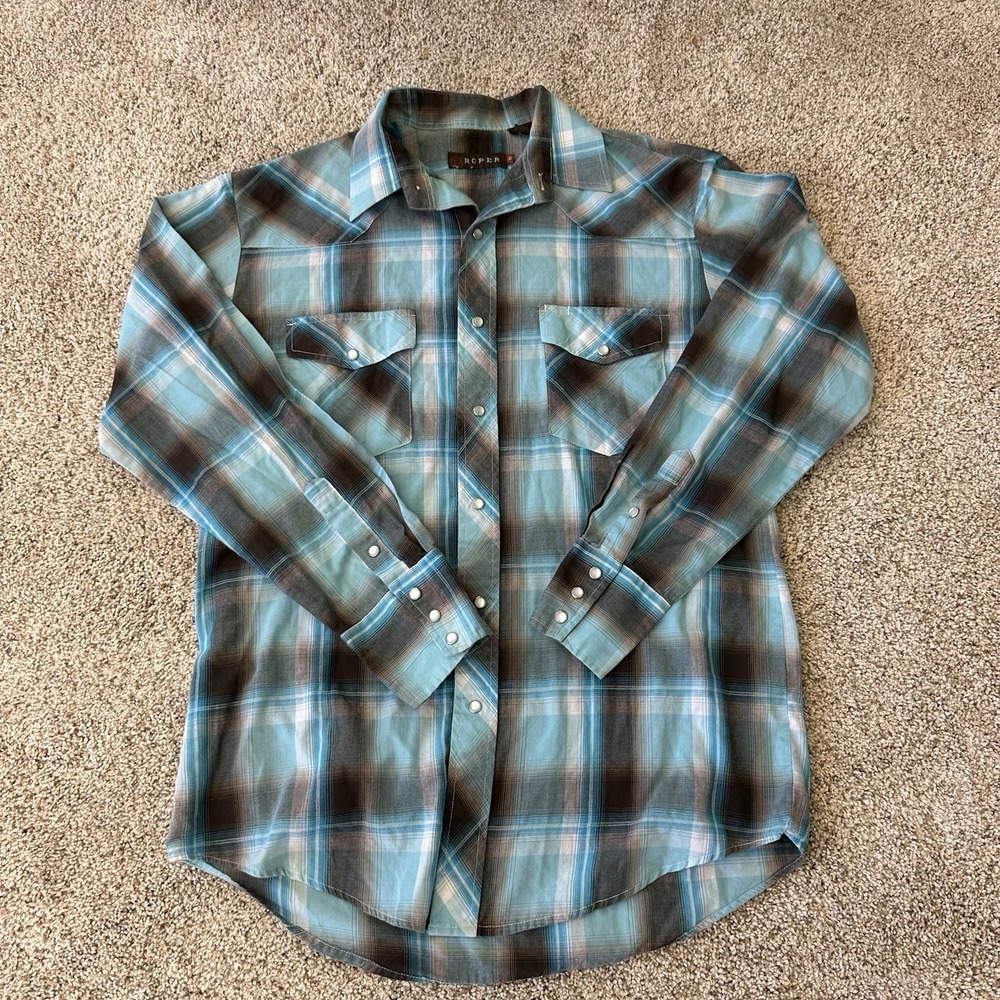 Roper Shirt Mens Medium Pearl Snap Button Long Sleeve Lightweight Plaid Blue